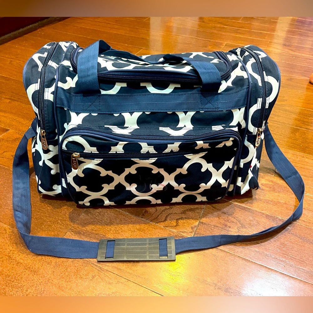 N. Gil Blue White Print Overnight Tote Suitcase Bag